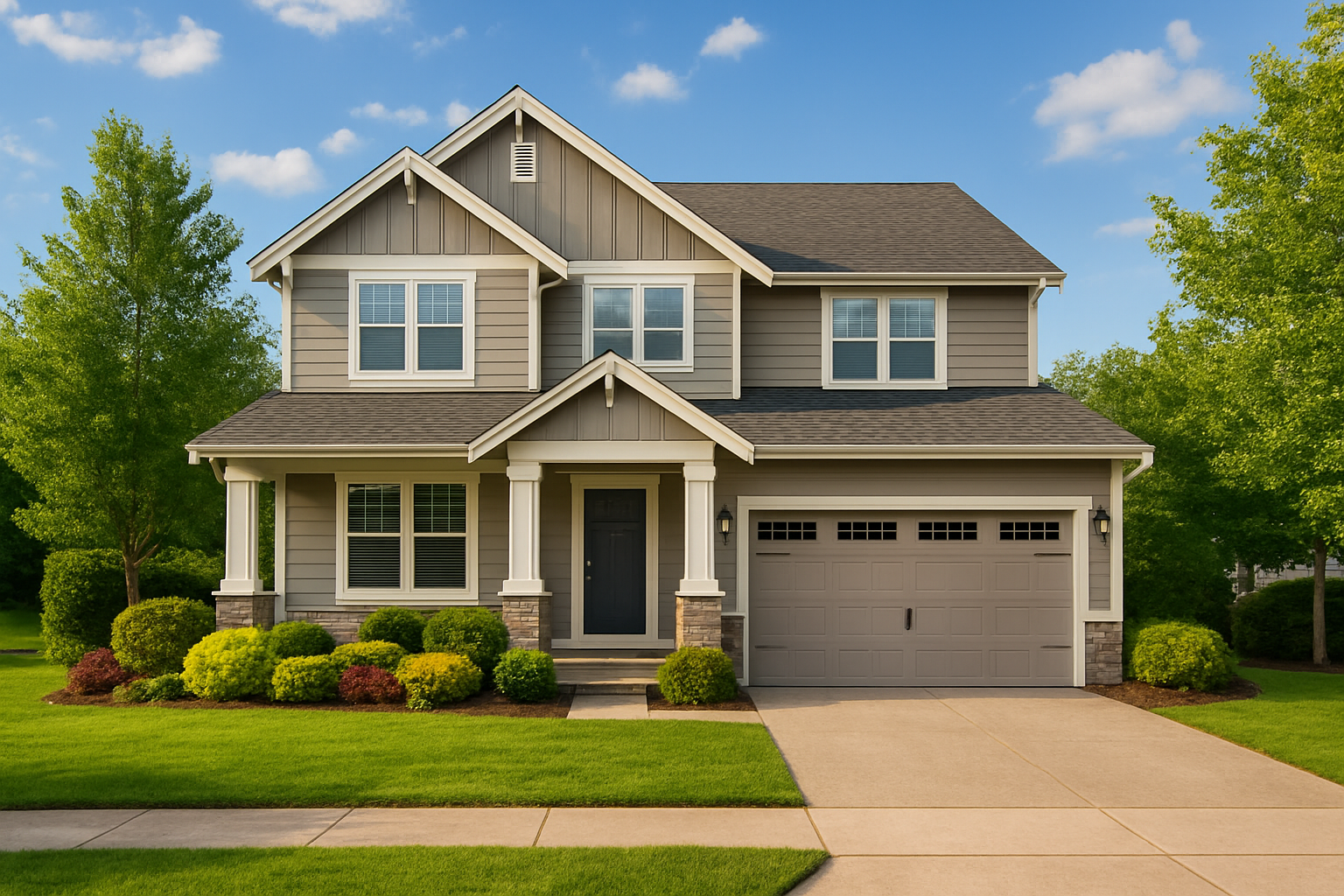 Modern two-story house with gray siding, white trim, and a wide driveway. The front yard is lush with bushes and trees, under a clear blue sky.