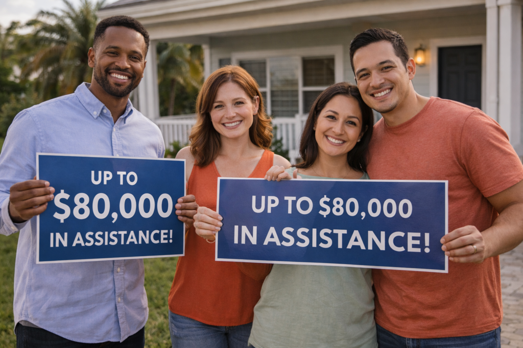 Four smiling people stand outside a house, holding signs saying "Up to $80,000 in assistance!" They convey a positive and hopeful tone.