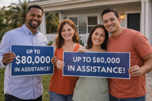 Four smiling people stand outside a house, holding signs saying "Up to $80,000 in assistance!" They convey a positive and hopeful tone.