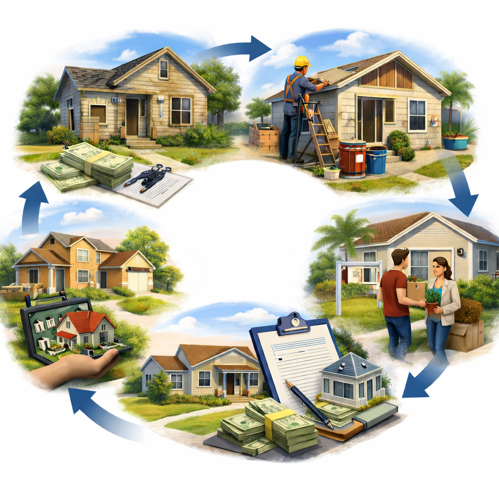 Circular flowchart illustrating house flipping: an old house, renovation, buying, and selling. Elements include money, contracts, and handshake.
