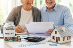 couple looking at retirement papers